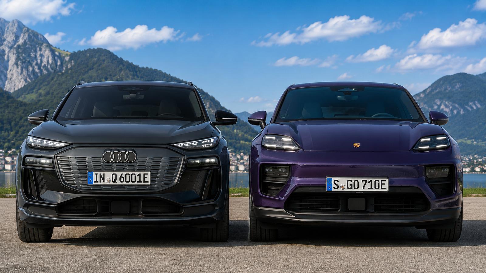 Audi und Porsche im Vergleich vor der Kulisse der Alpen