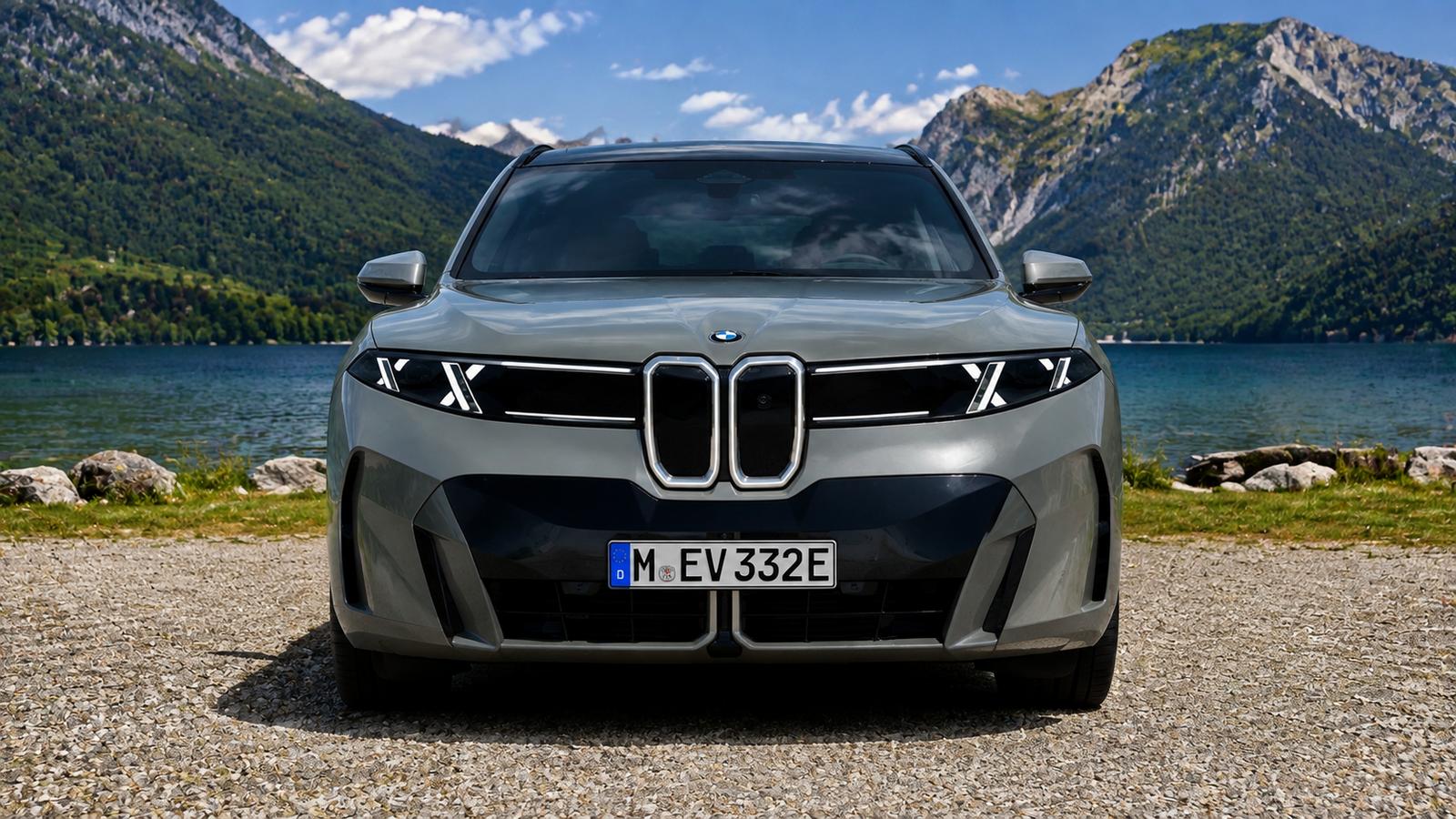 Ein grauer BMW in der Nähe eines Bergsees