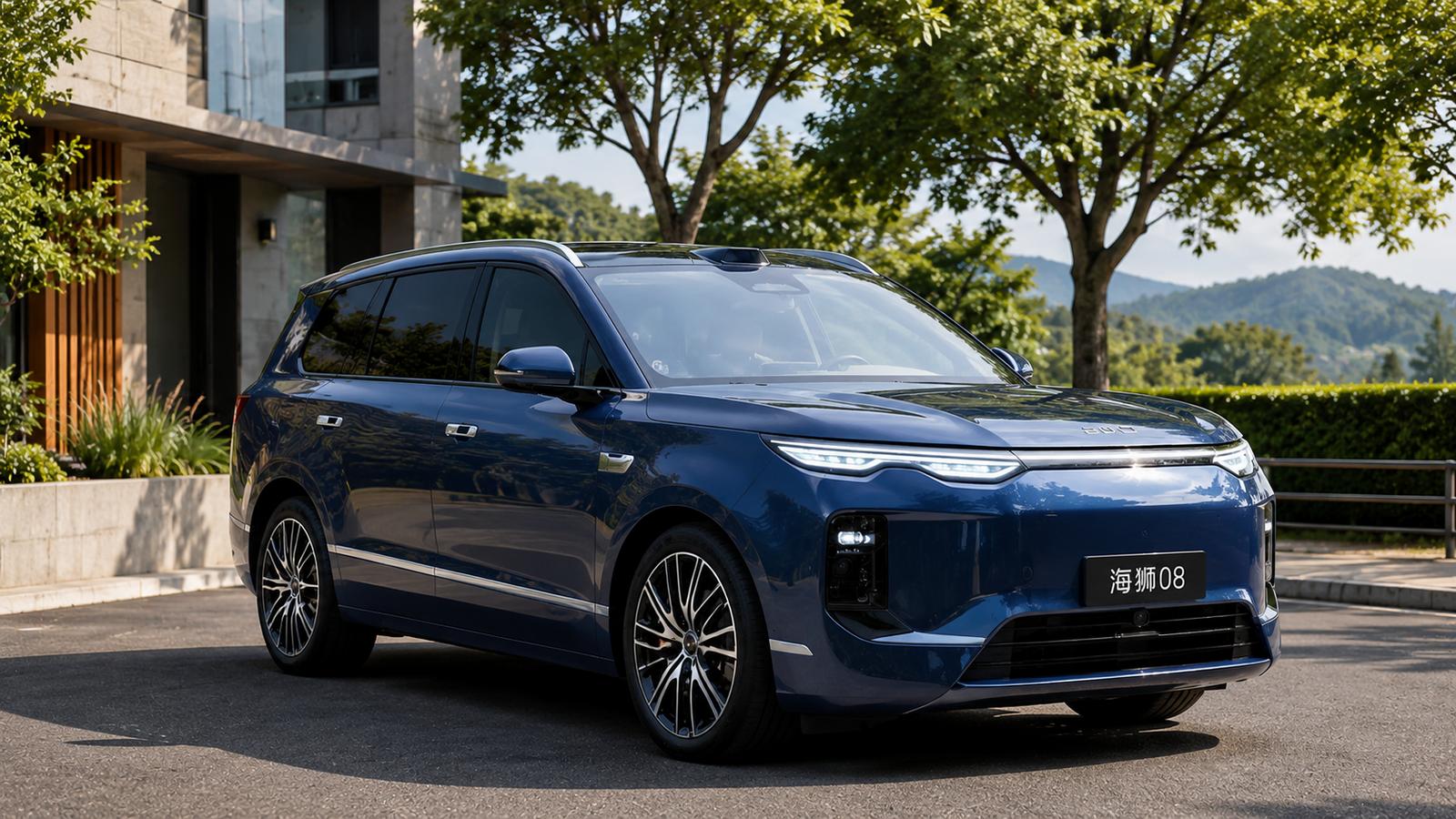 Blauer BYD Sea Lion 08: Ein SUV in der Nähe eines modernen Hauses
