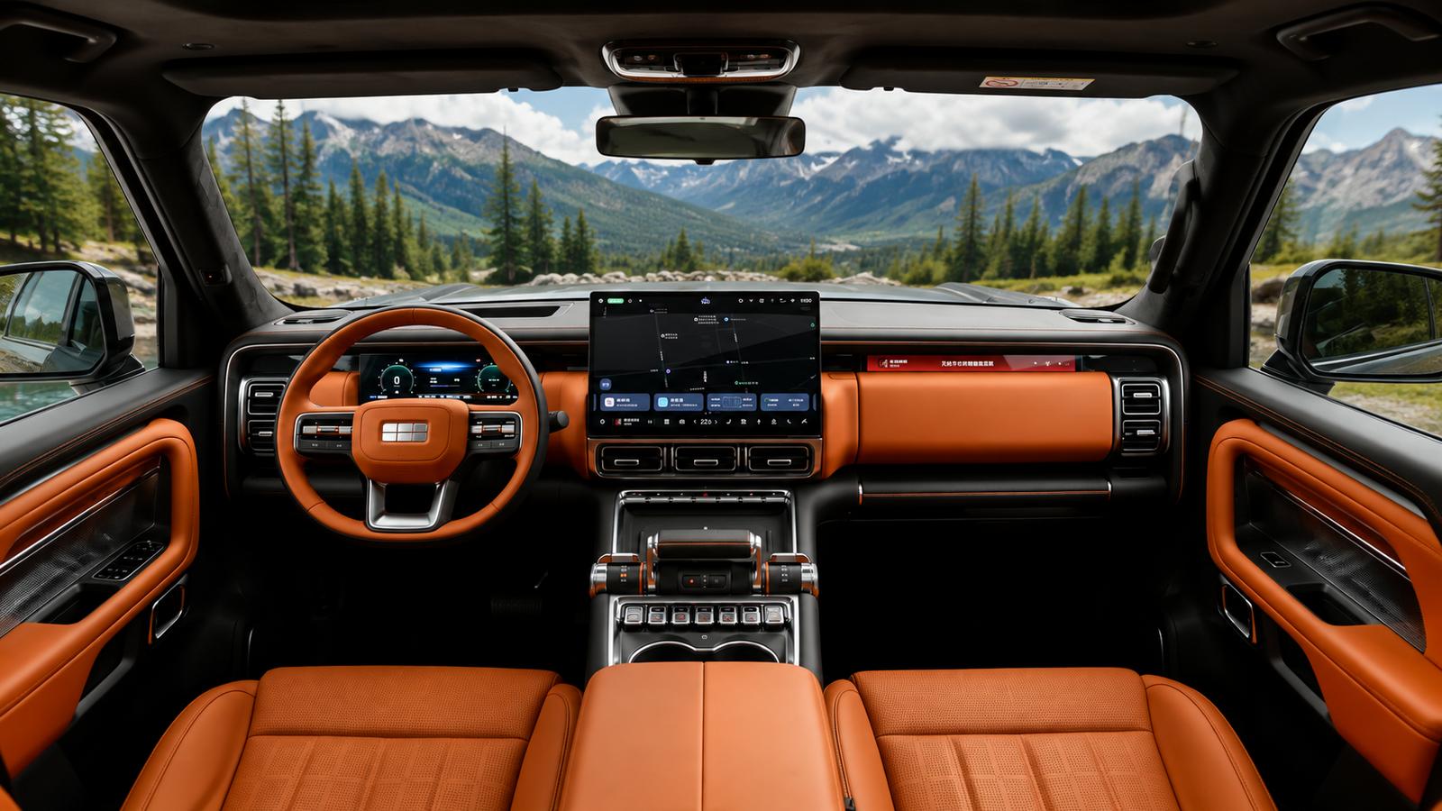 Der luxuriöse Innenraum des Geely Galaxy Battleship 700 SUV mit Bergblick