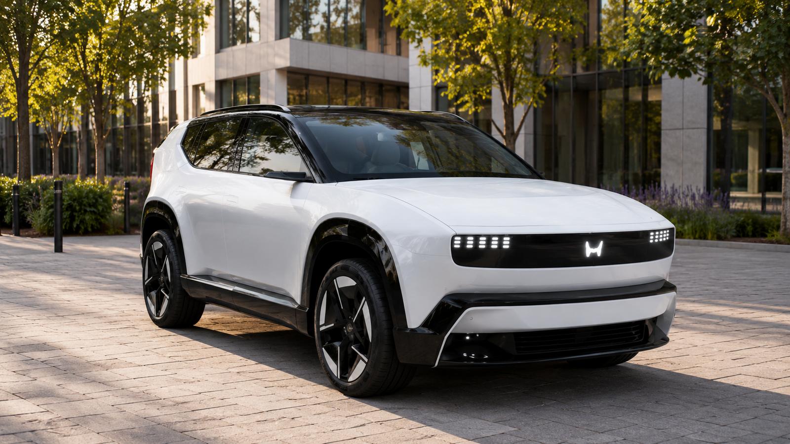 Der futuristische elektrische Crossover Honda 0 Series Saloon in einem Geschäftszentrum