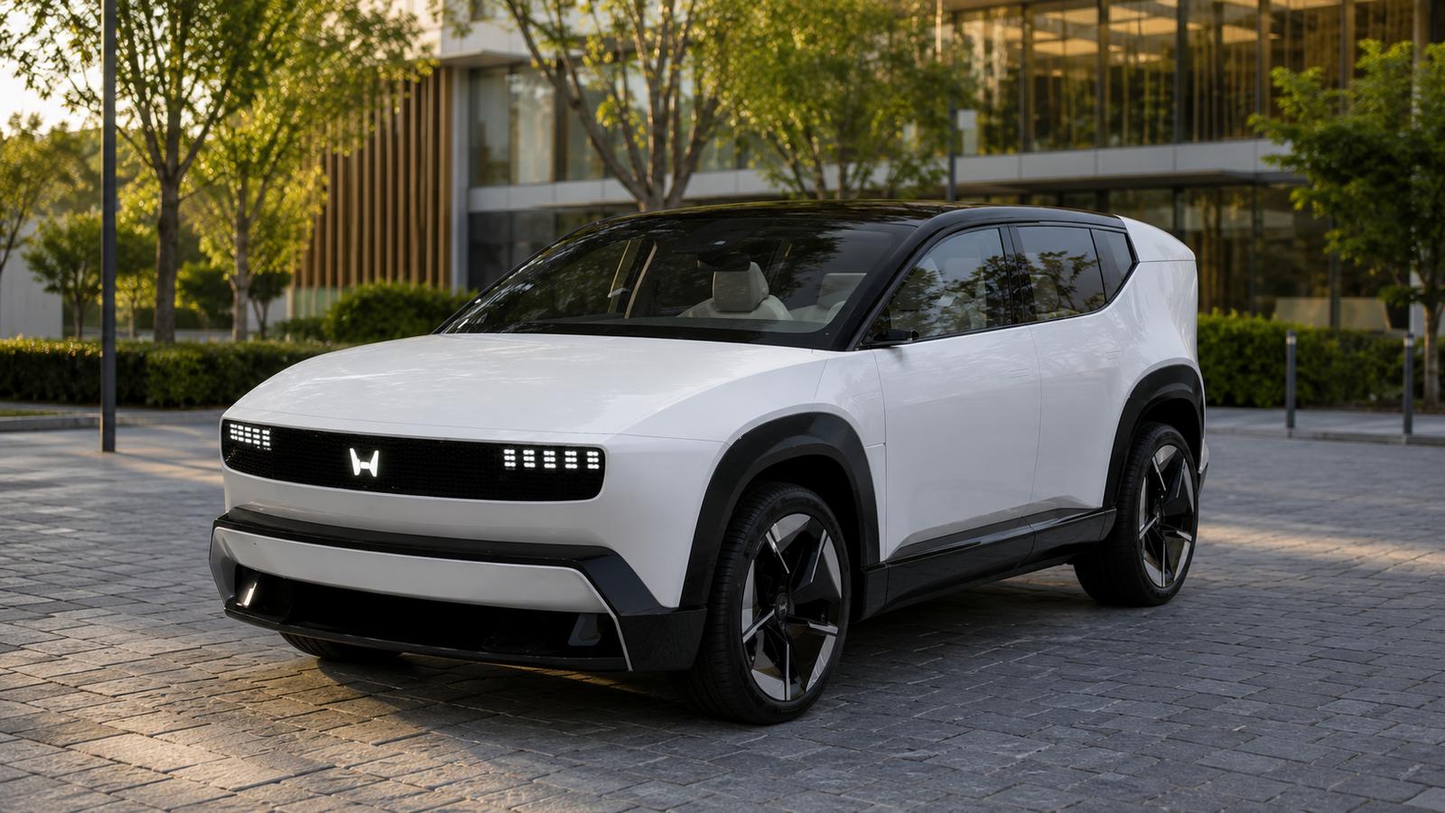 Ein futuristischer weißer Honda 0 Series Limousinen-Crossover in der Nähe eines modernen Gebäudes