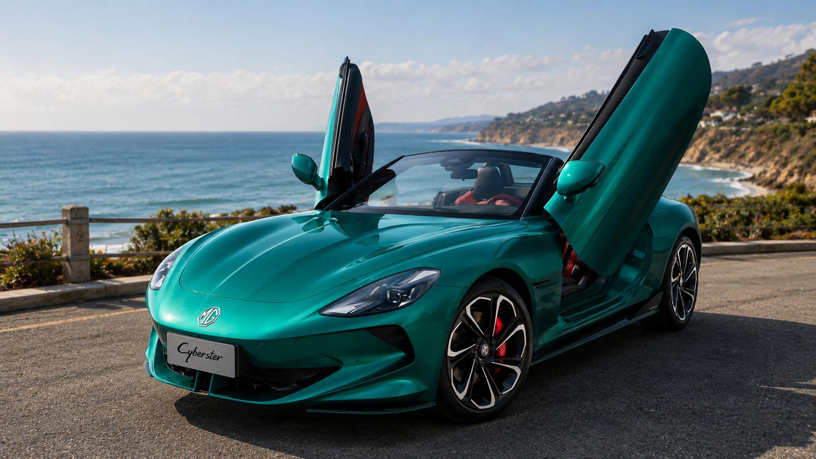 Türkiser Cyberster Roadster am Meer