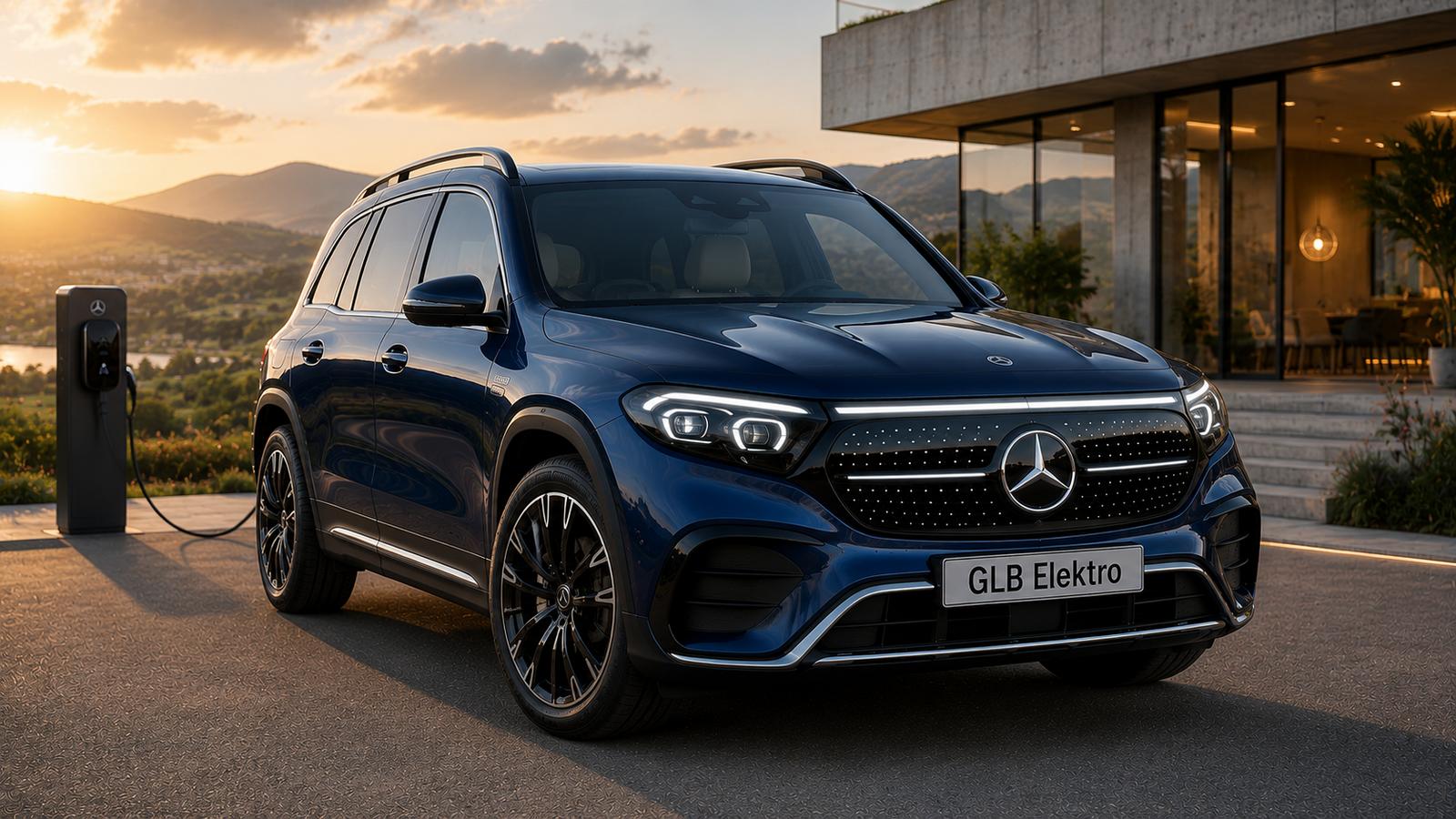 Der elektrische Mercedes GLB im Sonnenuntergang