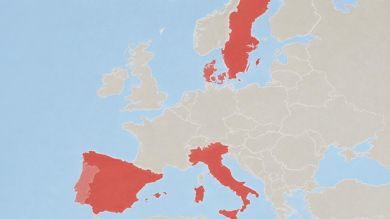 Politische-Karte-von-Europa-mit-hervorgehobenen-Laendern