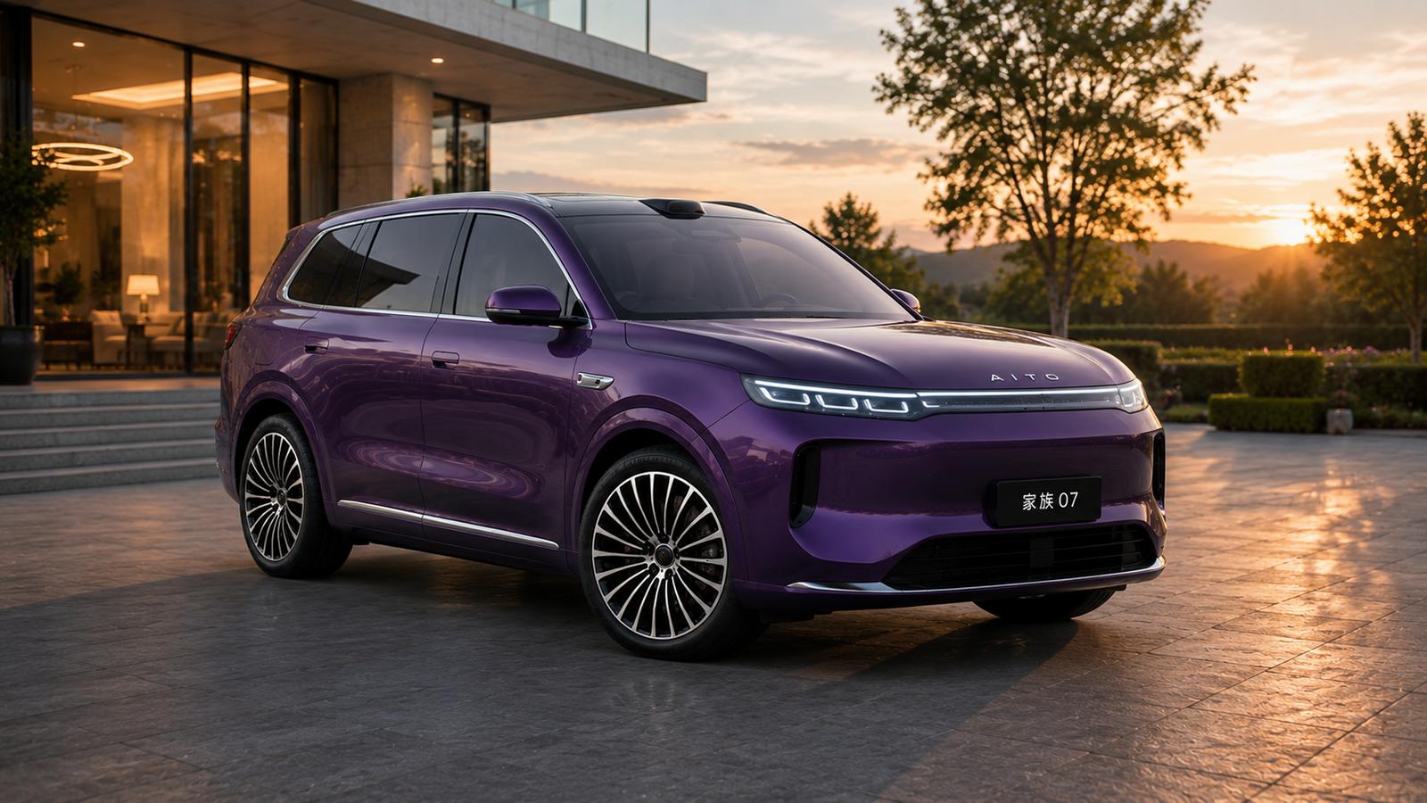 Ein lilafarbener Roewe Jiayue 07 Crossover in der Nähe eines modernen Hauses.