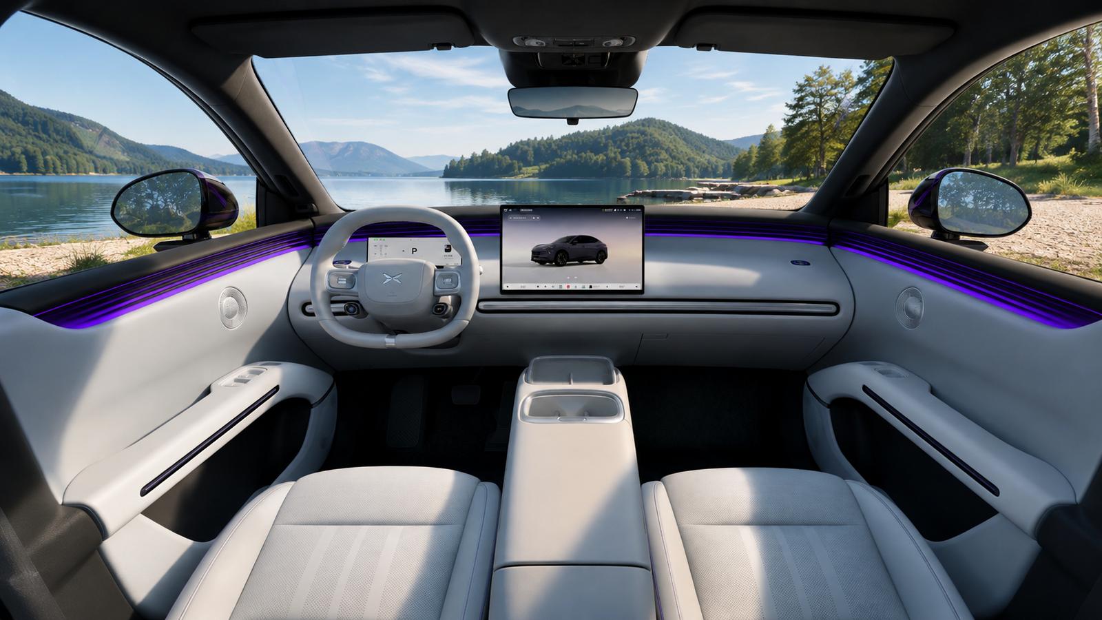 Das futuristische Interieur des XPeng L03 am See