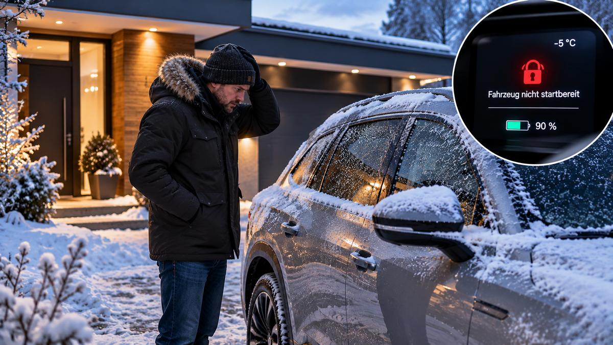 Das verschneite Elektroauto springt nicht an.
