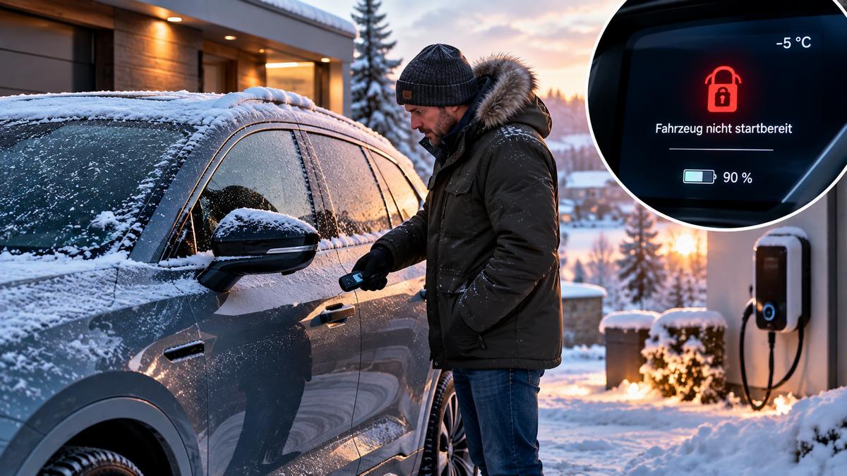 Gefrorenes Elektroauto an einem Wintermorgen