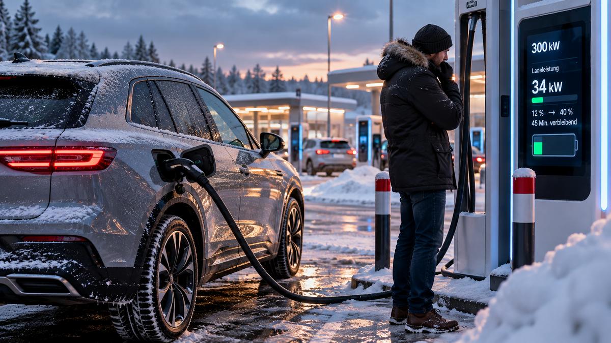 Laden eines Elektroautos im Winter bei Tagesanbruch