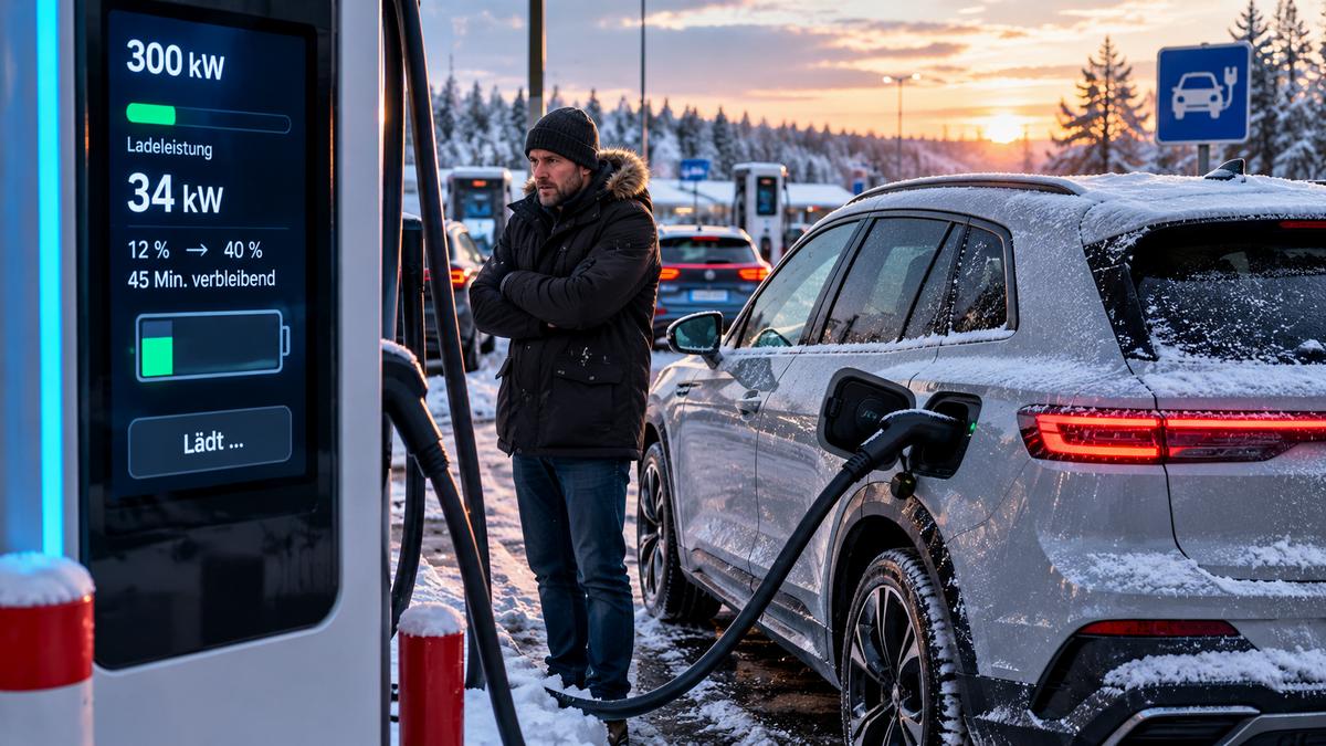 Laden eines Elektroautos in einer verschneiten Dämmerungslandschaft