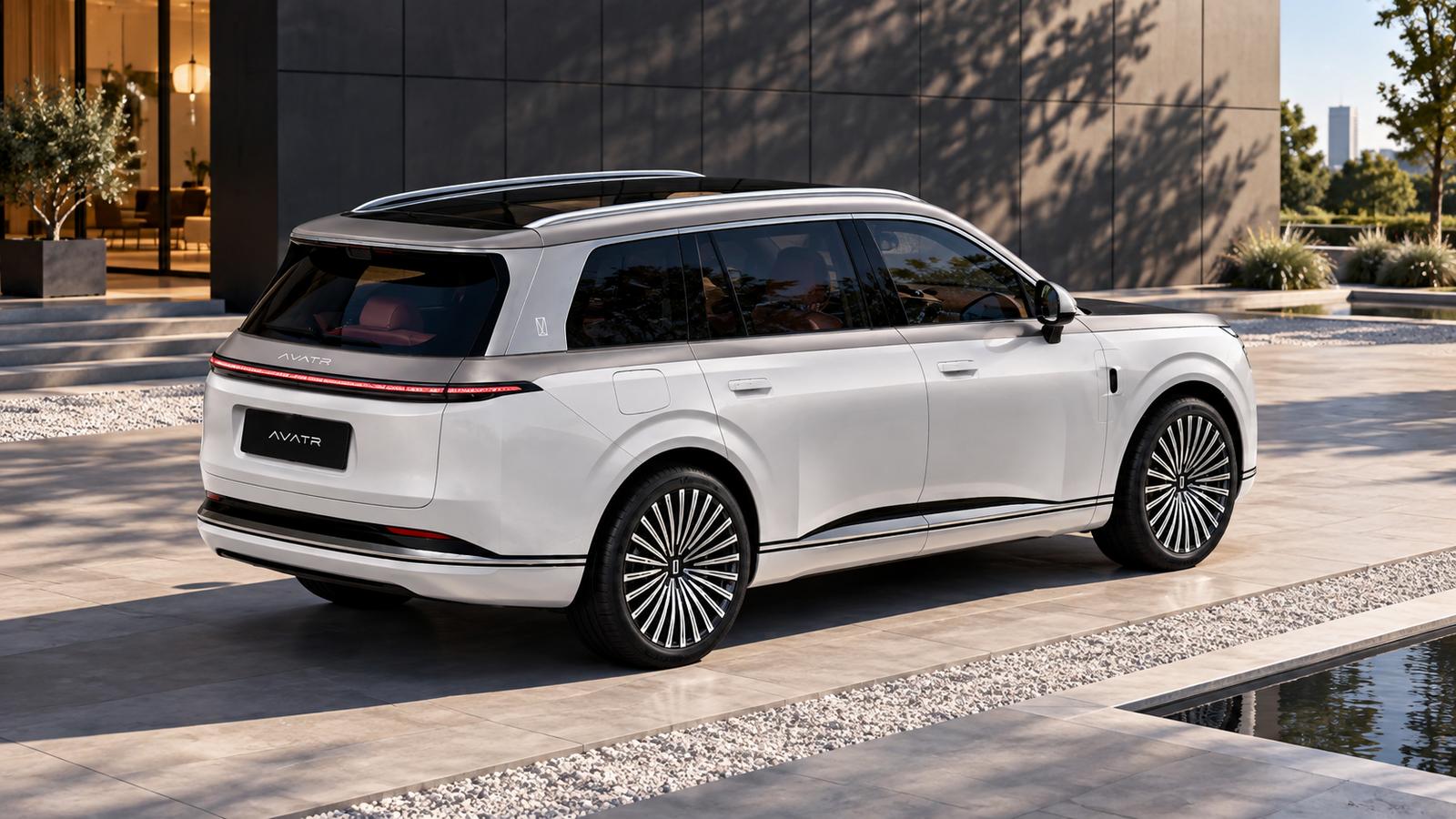 Luxuriöses Elektroauto Avatr T09 vor einem modernen Haus