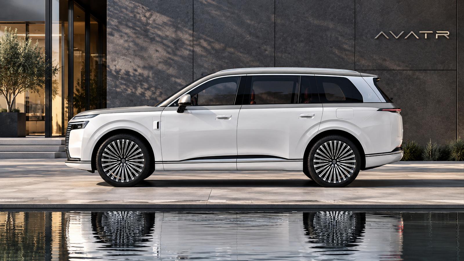 Das Luxus-SUV Avatr T09 am Reflexionsbecken