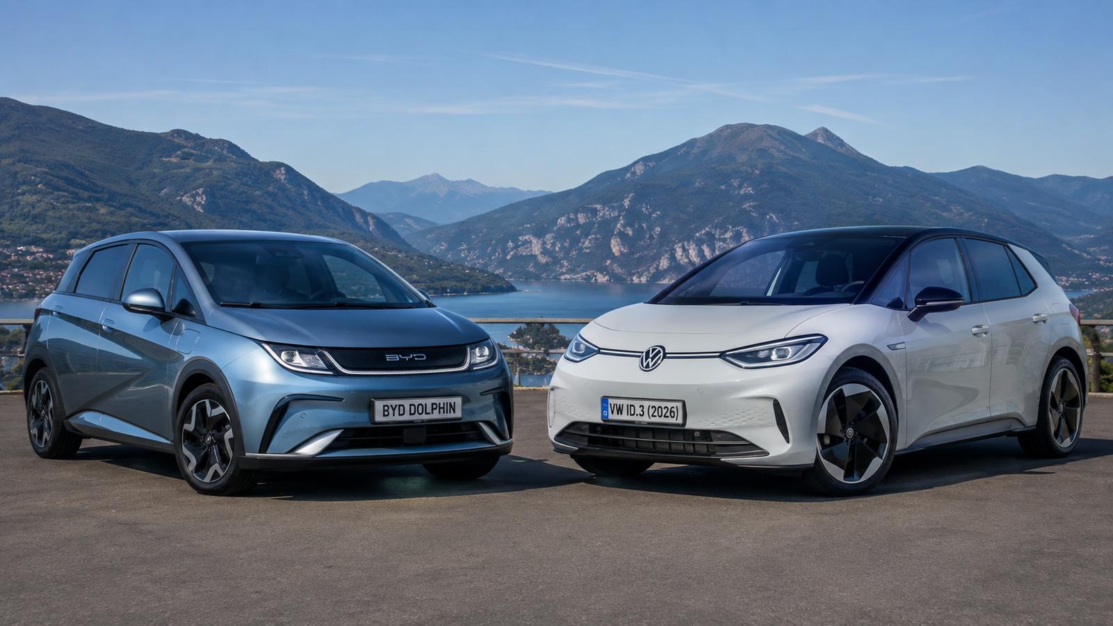 BYD Dolphin und Volkswagen ID.3 am See