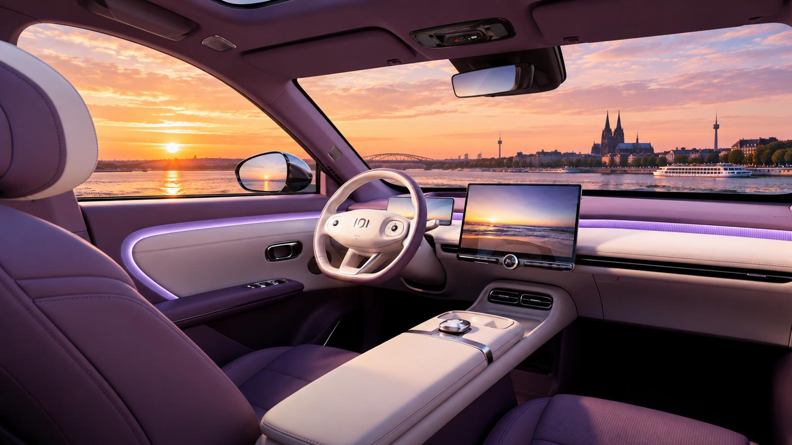 Das futuristische Interieur des Changan Nevo Q06 im Sonnenuntergang