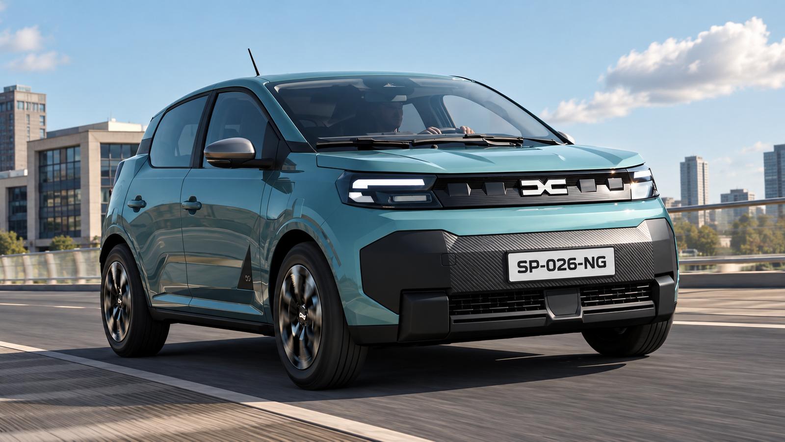 Türkisfarbener Dacia Spring-Crossover auf einer Stadtbrücke.