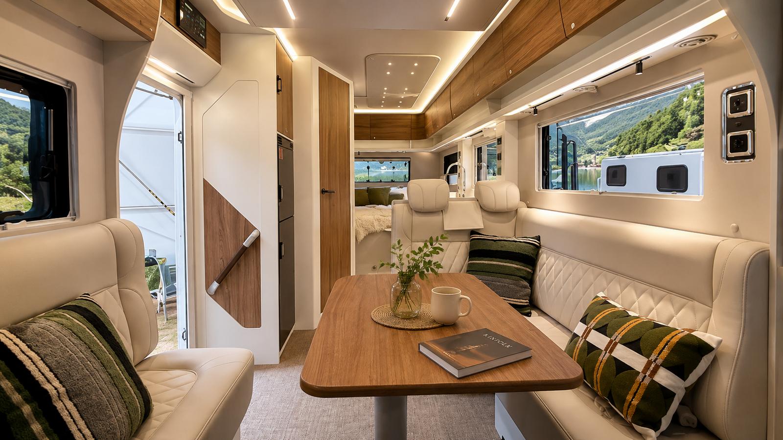 Luxuriöse Wohnmobil-Innenausstattung mit Seeblick