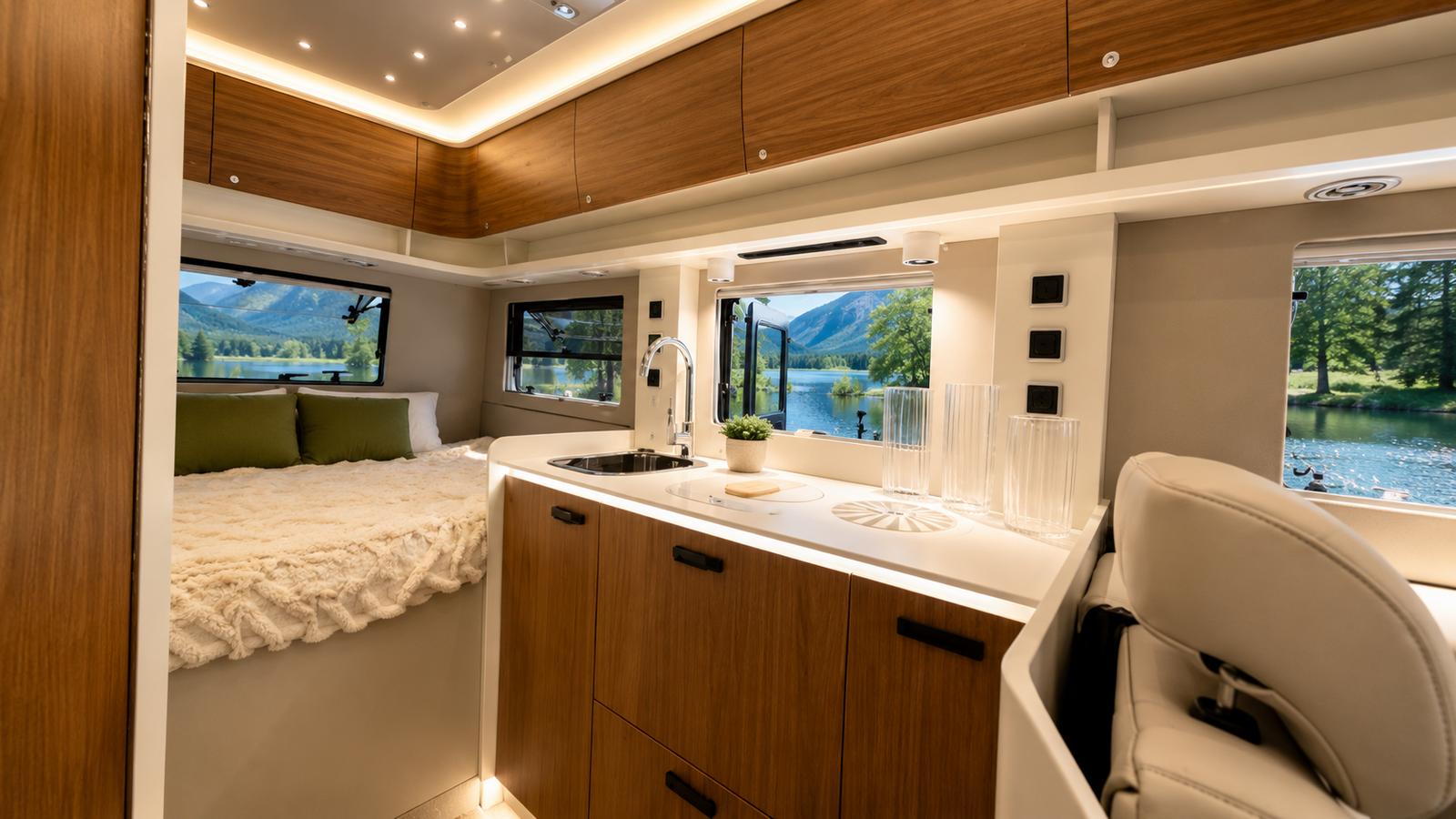 Das gemütliche Interieur eines Wohnmobils am See