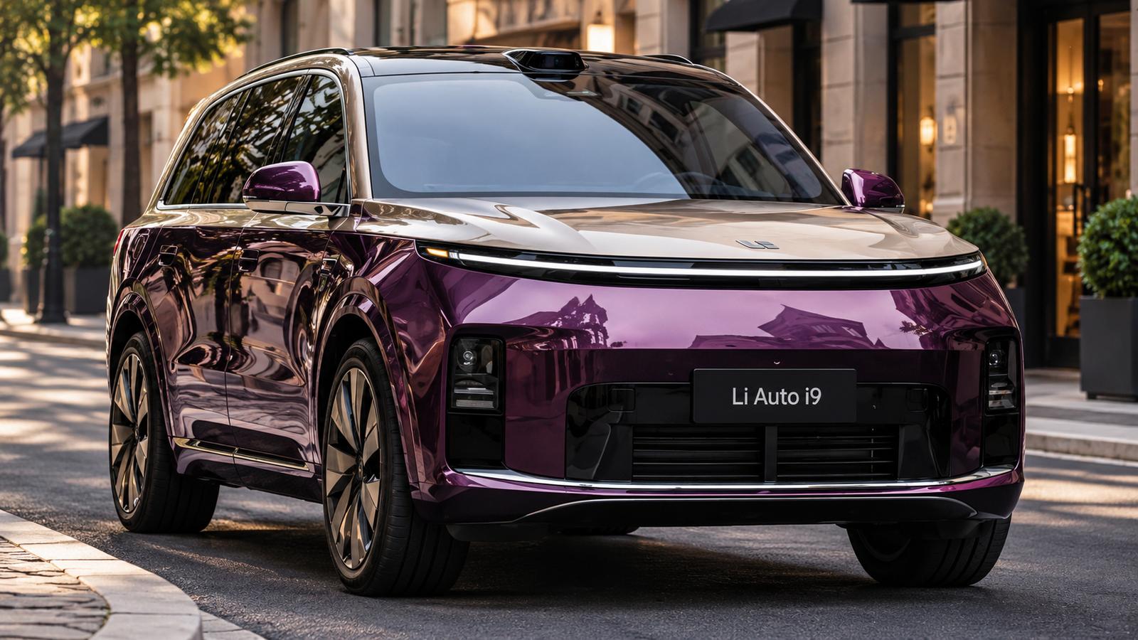 Ein luxuriöser, violetter Li Auto i9 auf einer Straße in der Stadt