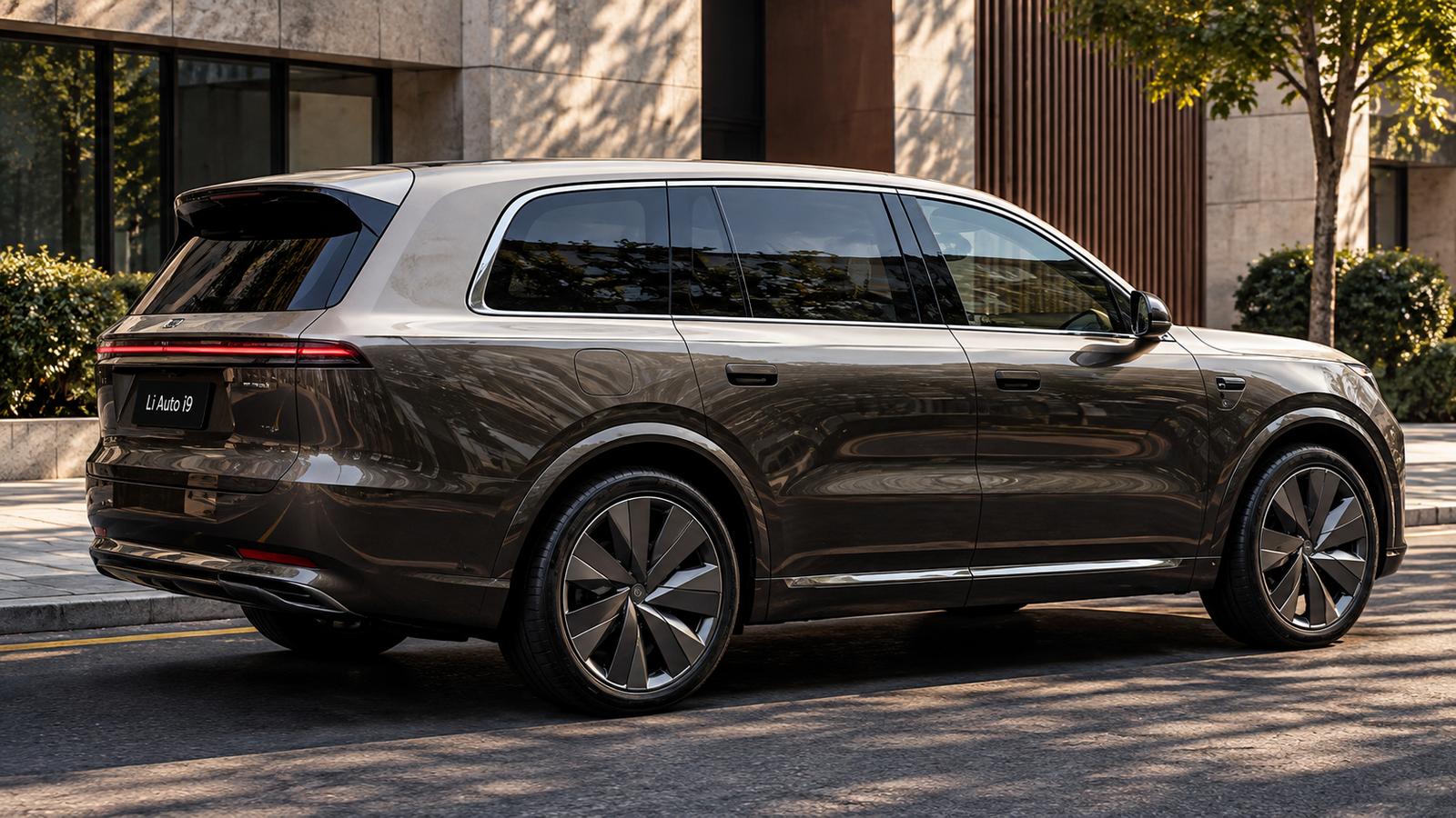 Der luxuriöse Li Auto i9 vor moderner Architektur