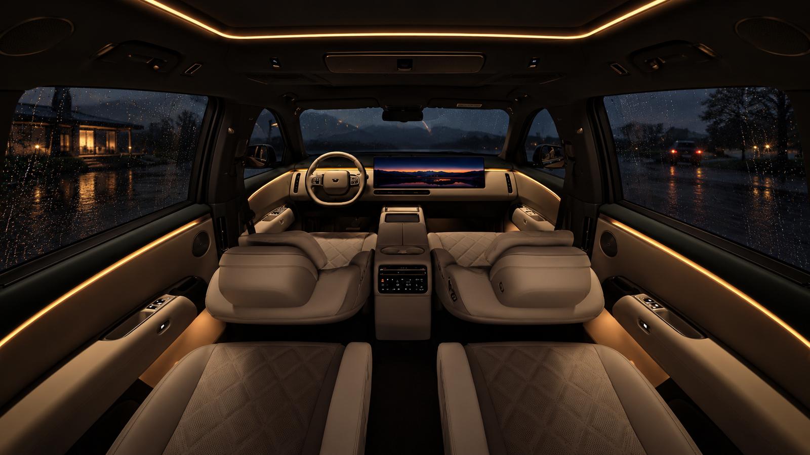 Der luxuriöse Innenraum des Li Auto i9 in einer regnerischen Nacht