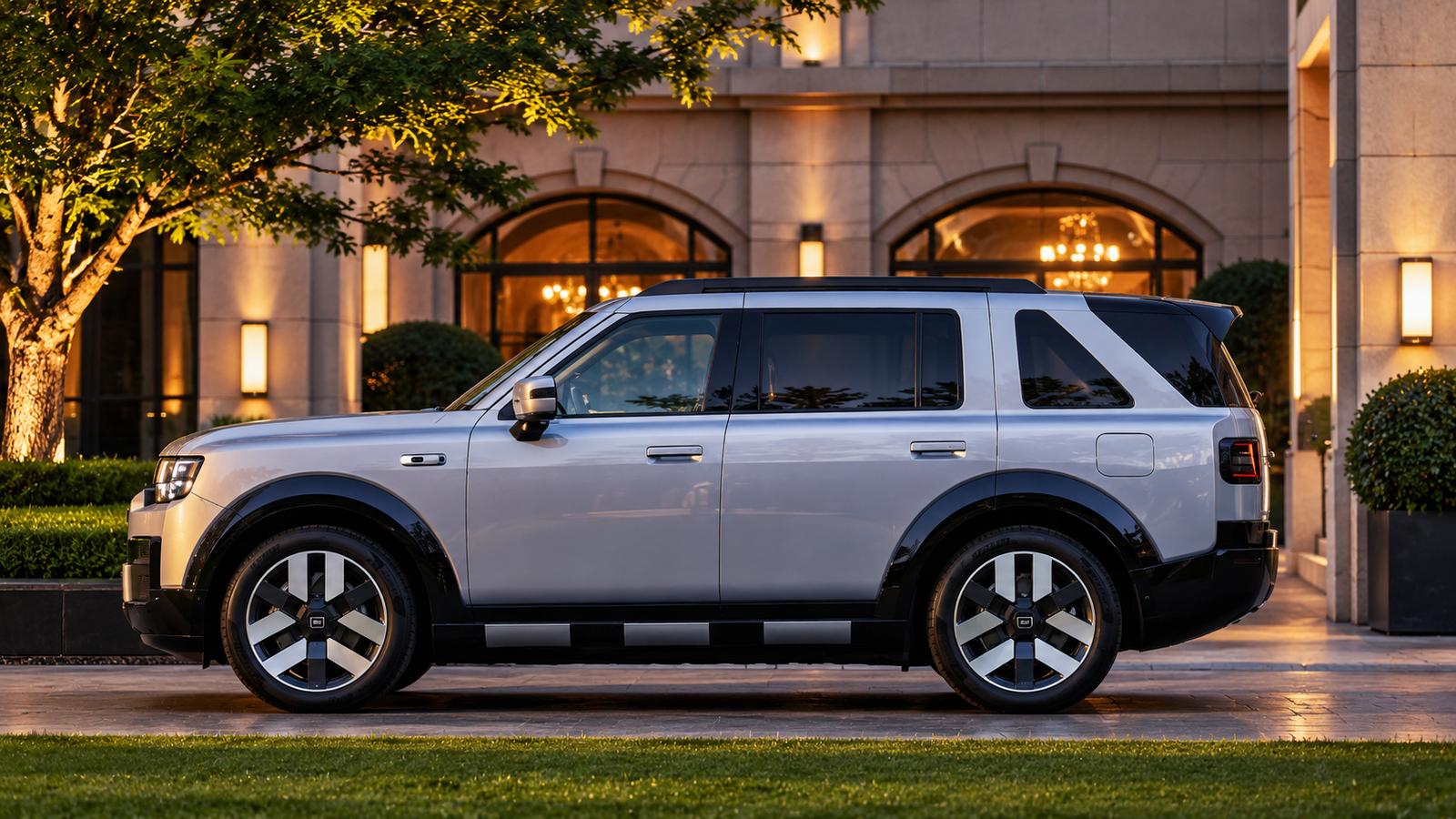 Ein silberner Freelander 8 SUV am Luxuseingang