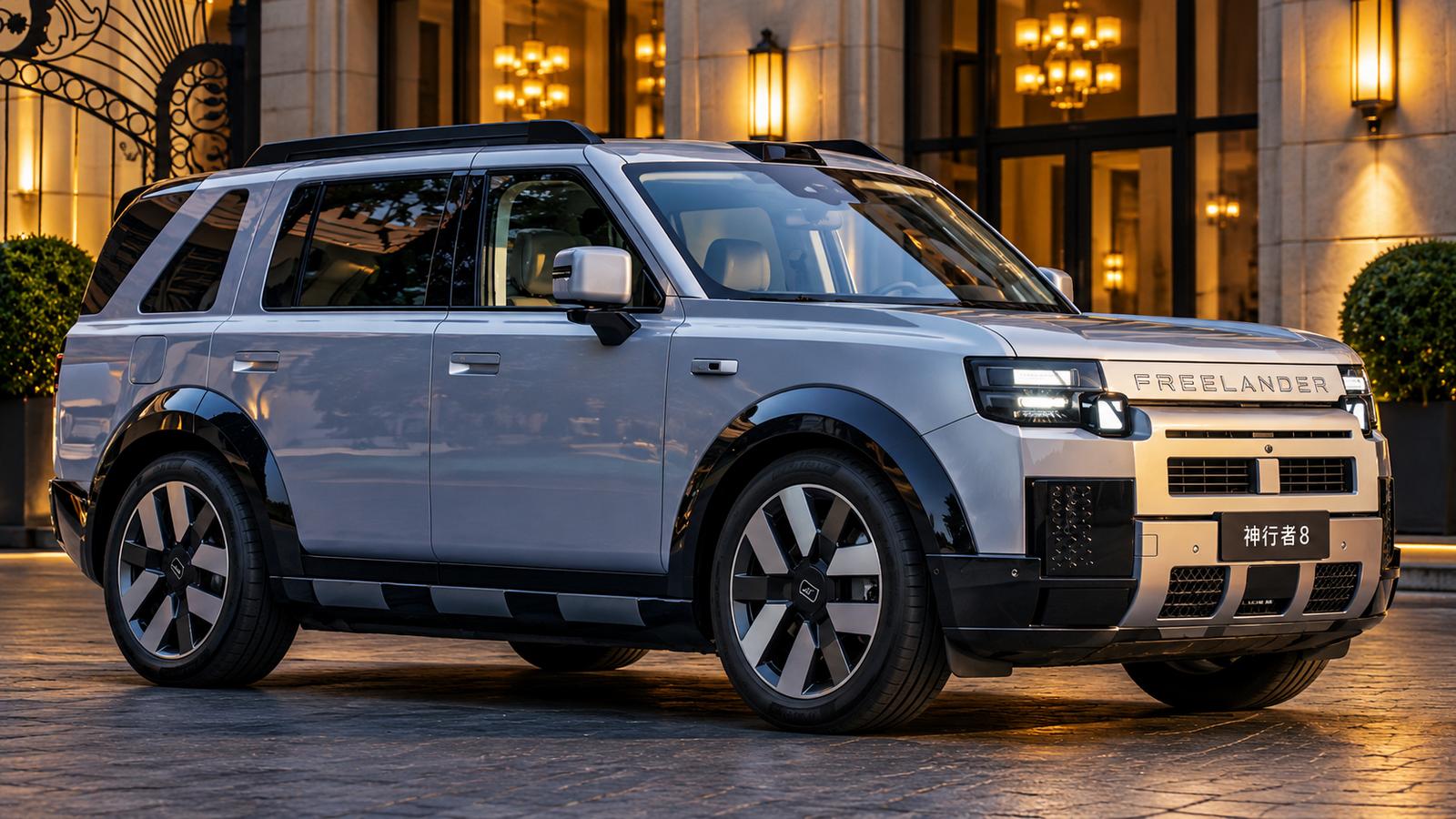 Ein silberner Freelander 8 SUV steht am luxuriösen Eingang.