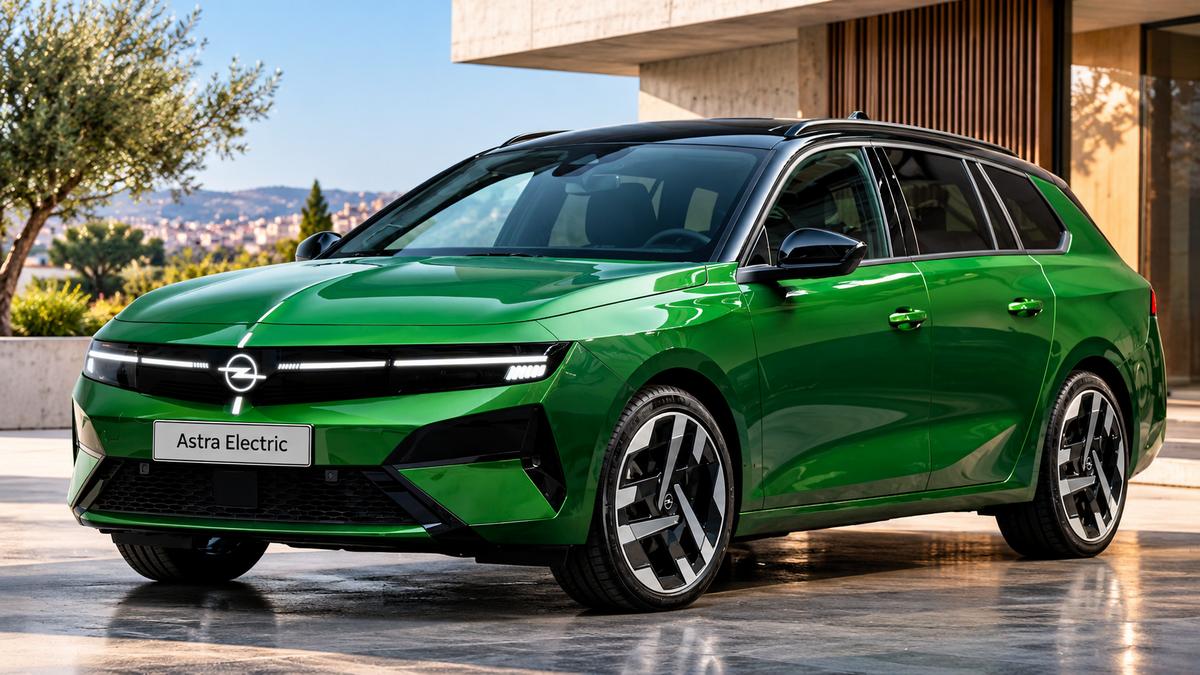 Grüner Opel Astra Electric in der Nähe eines modernen Hauses