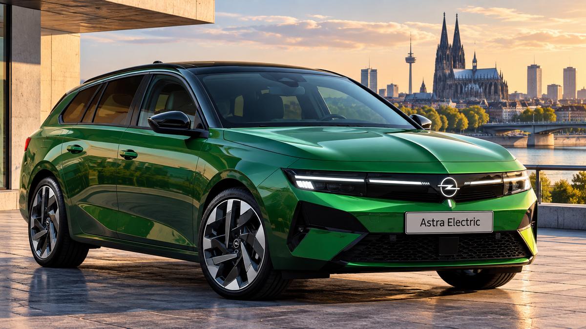 Ein grüner Opel Astra Electric im Sonnenuntergang