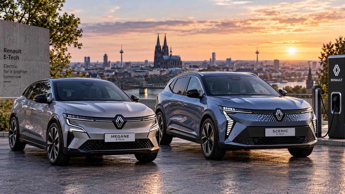 Renault E-Tech bei Sonnenuntergang vor der Kathedrale