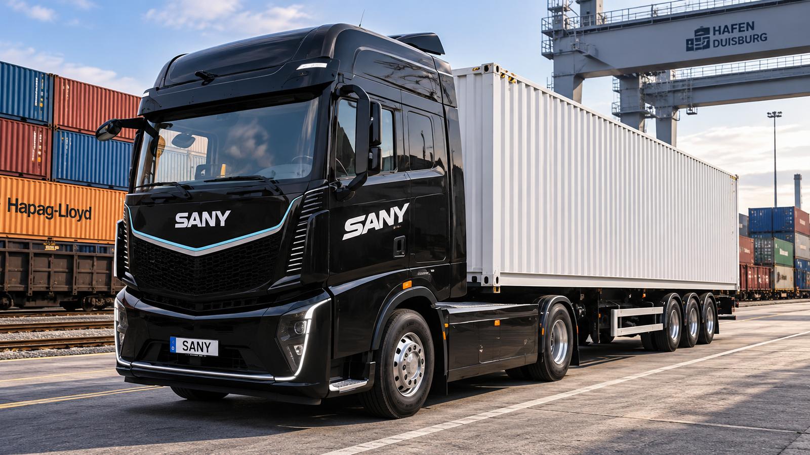Ein schwarzer SANY e263S an einem Containerterminal