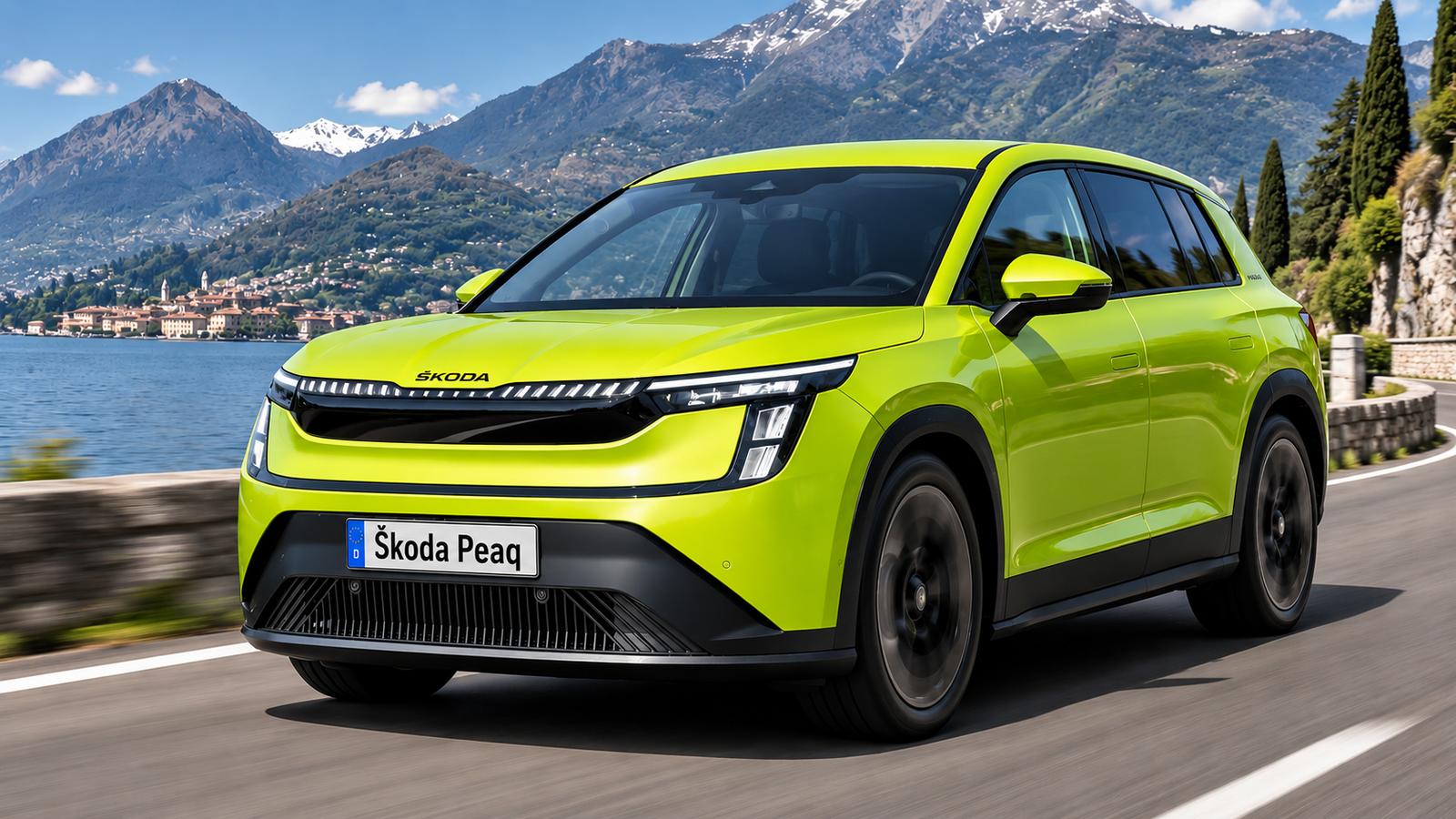 Ein leuchtender Škoda Peaq auf einer Bergstraße oberhalb des Sees