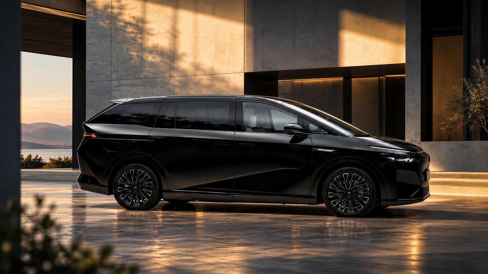 Schwarzer Minivan XPeng X9 EREV im goldenen Licht