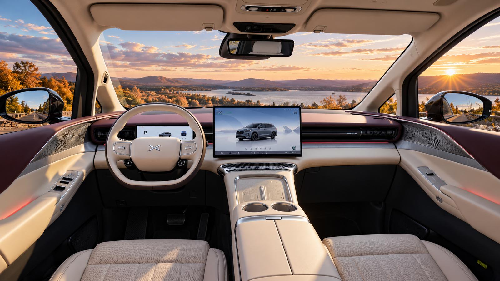 Das luxuriöse Elektroauto XPeng X9 EREV bei Sonnenuntergang