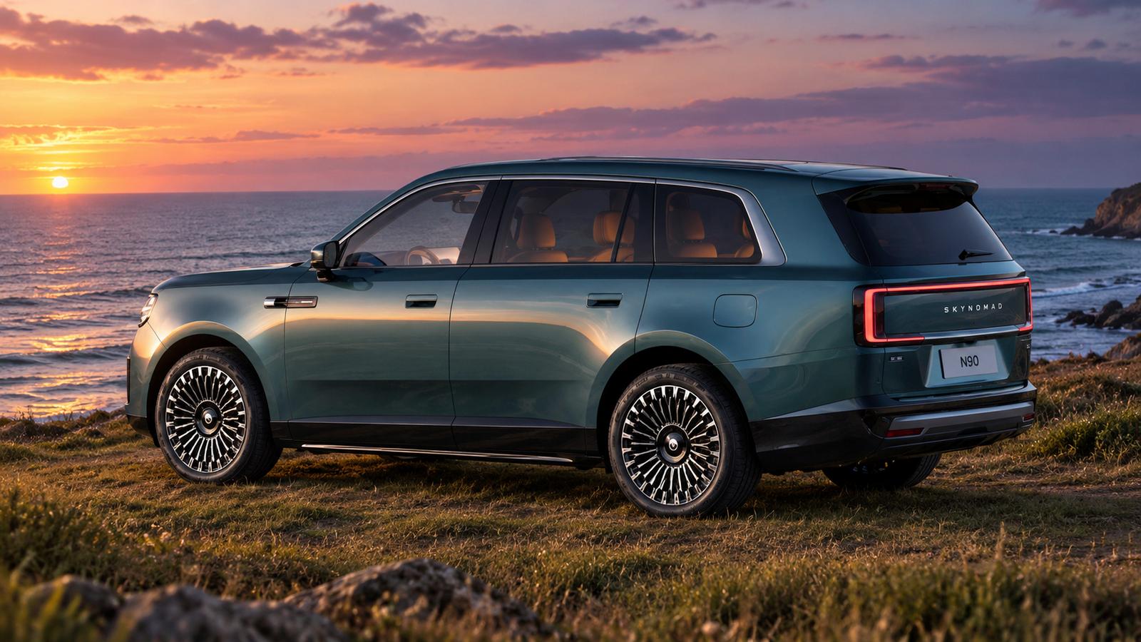 Grüner SUV Xiaomi SkyNomad N90 Max an der Küste im Sonnenuntergang