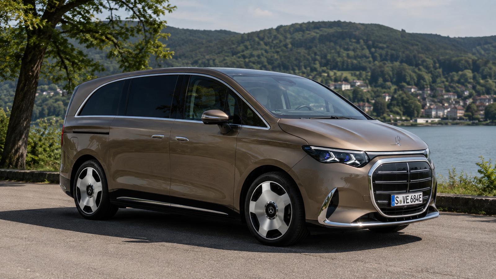 Bronzefarbener Mercedes VLE 300 Elektro-Minivan am See