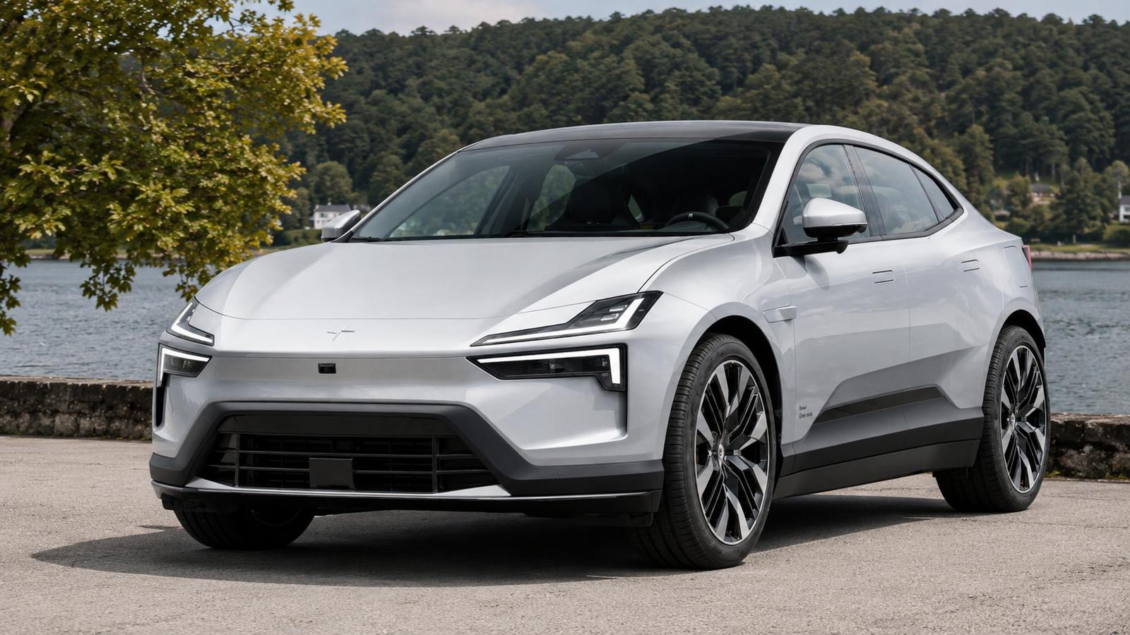 Ein hochwertiger Polestar 4 SUV, ein elektrischer Crossover, an einem See
